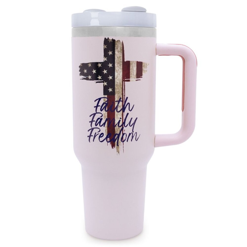 Faith Family Freedom Light Pink Patriotic 40 Oz Insulated Tumbler with Handle